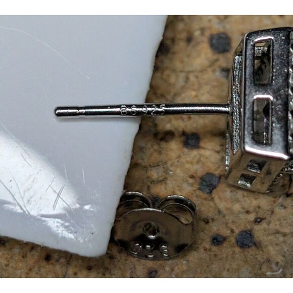 Sterling Silver Purple Gemstone Stud Earrings – Square Cut with Clear Accents - Picture 2 of 3